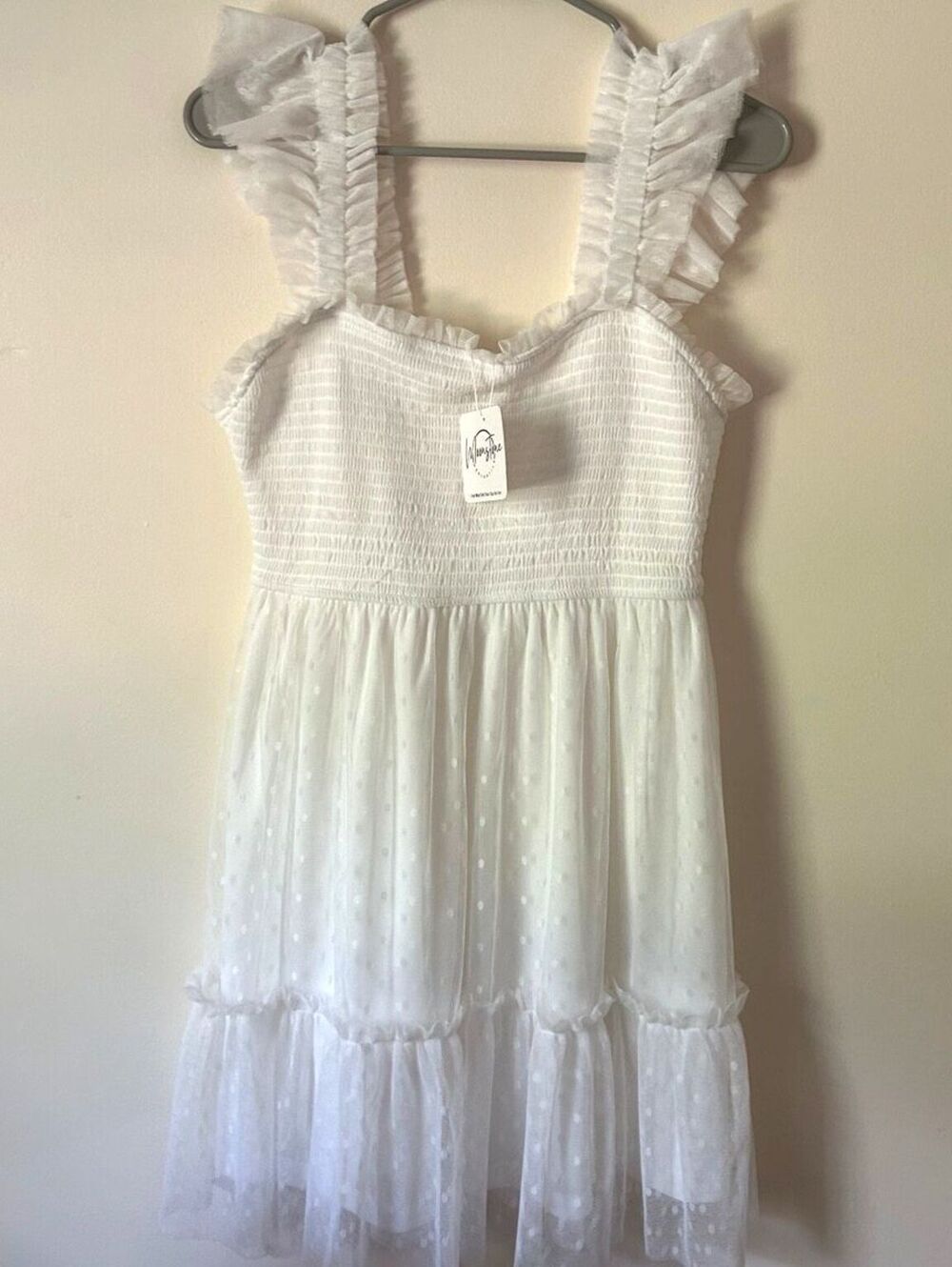 NWT White Swiss Dot Ruffle Mini Dress Large Graduation Sorority Engagement